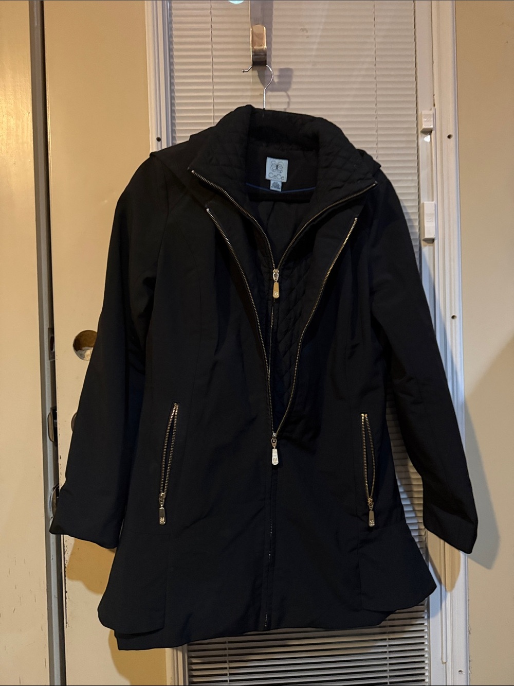 CeCe Black Trench Coat with Gold-Tone Zippers